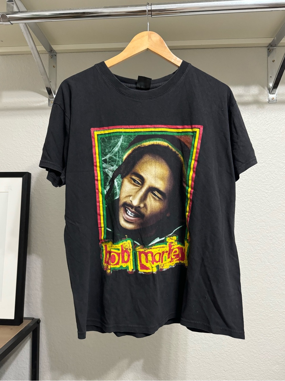 Vintage 2000s Bob Marley AOP Band Graphics Black Tee Shirt Y2K